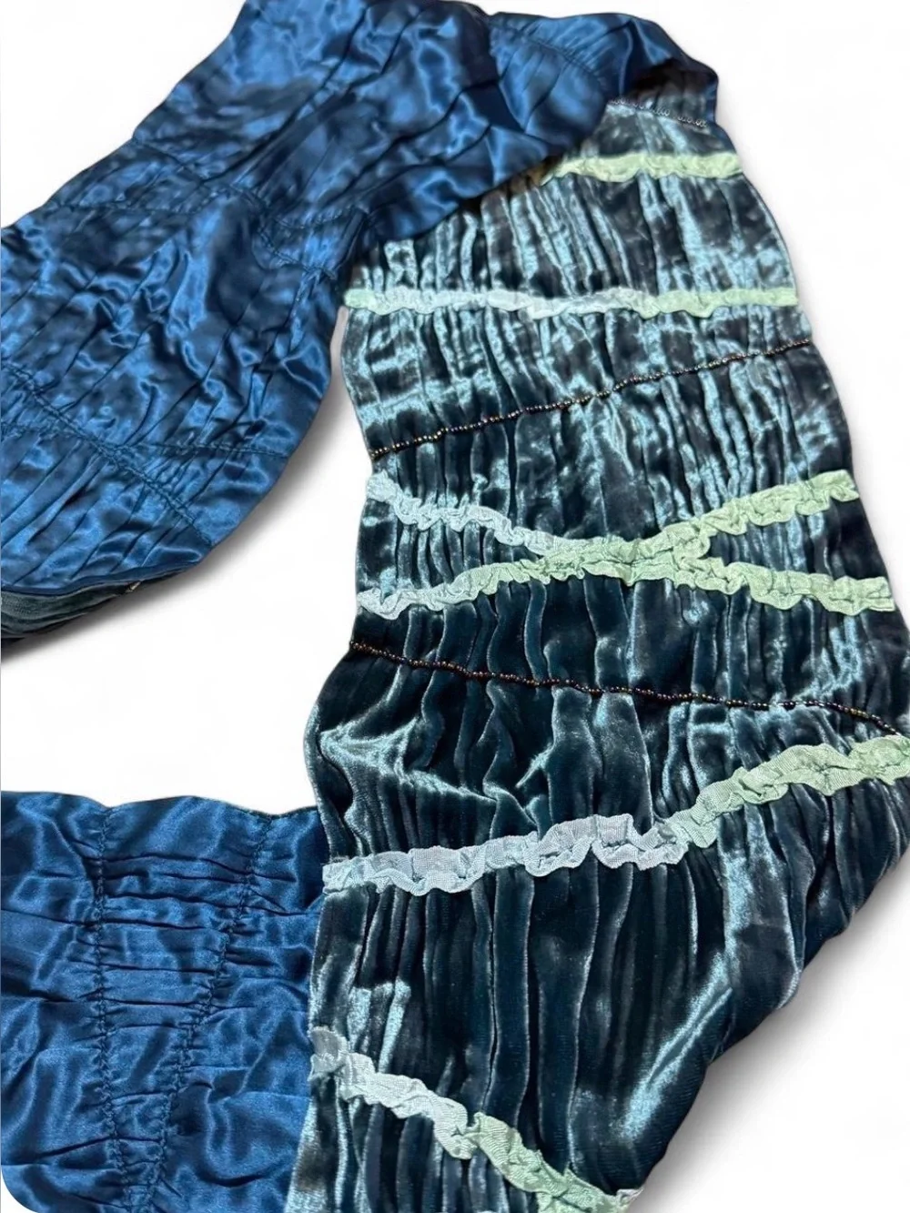 VTG Liz Claiborne Y2K Silk Blend Scarf Blue Teal Beaded Ruffle Trim Satin Wrap